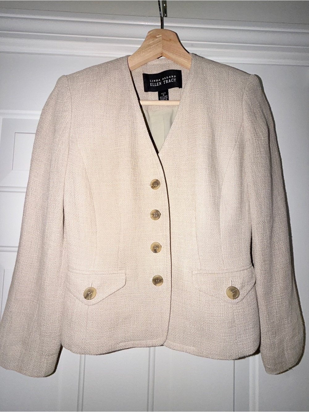 Linda Allard Ellen Tracy Petite 8 Vintage Linen‎ Blend Blazer Cream Jacket.